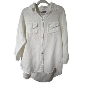 XL Pistache White Linen Made in Italy Button Up Shirt Lagenlook Beach Resortwear